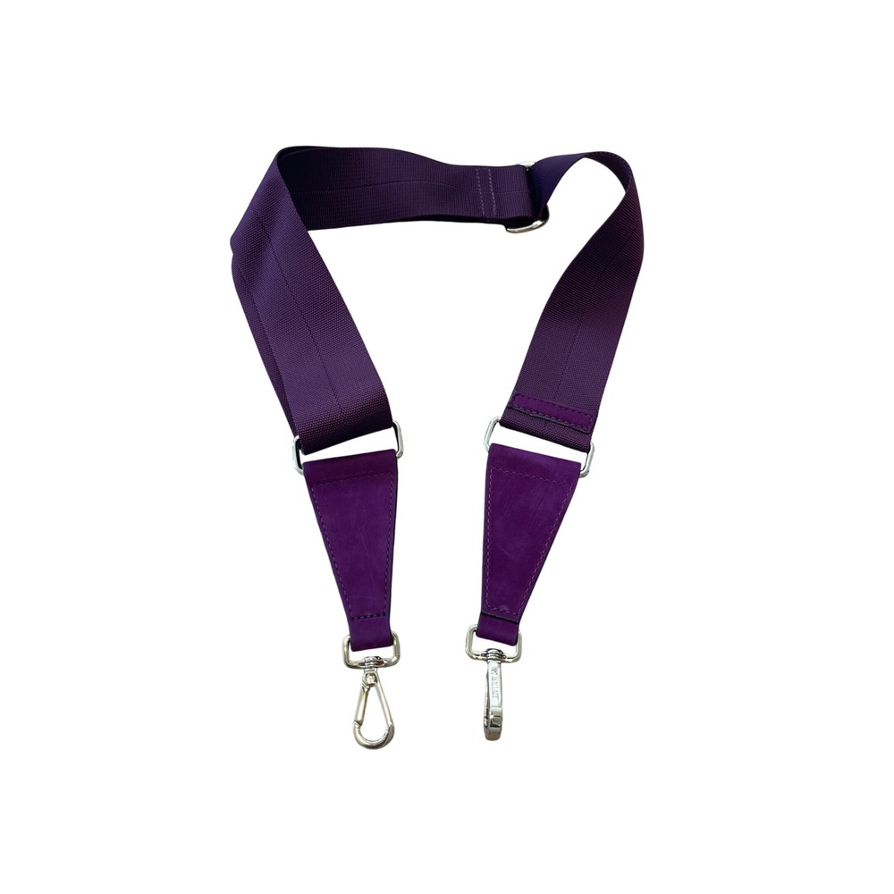MZ Wallace Logo Webbing Strap Thompson Hobo Elderberry Purple Suede Trim Silver